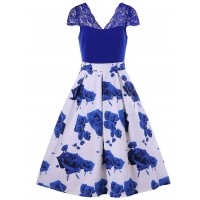 Plunge Neck Floral Print Zip Dress - Sapphire Blue